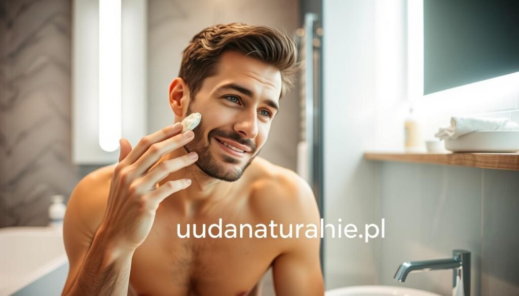 Mężczyzna używający kremu do twarzy