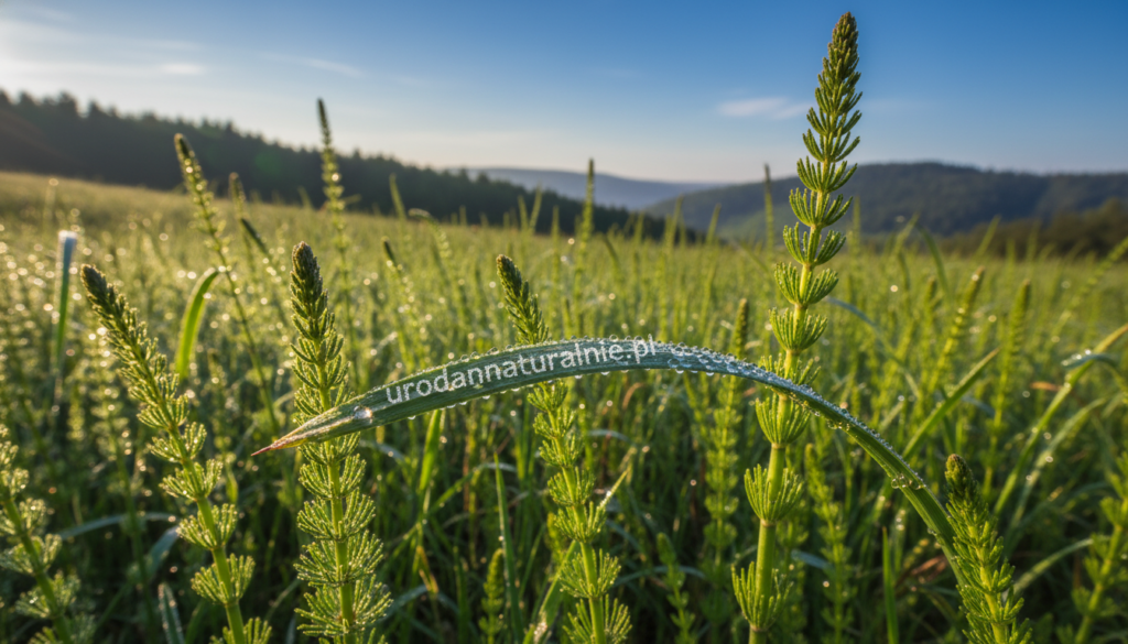 A beautiful composition featuring a lush field of horsetail (Equisetum arvense) in the foreground, showcasing its distinctive long, green, jointed stems. The middle ground highlights a close-up of horsetail plants, their delicate textures and vibrant green hues, with dewdrops glistening in morning sunlight. In the background, a softly blurred natural landscape of rolling hills and a clear blue sky creates a serene atmosphere. The lighting is warm and inviting, casting gentle shadows that enhance the details of the plants. The overall mood is fresh and invigorating, reflecting the healing properties of horsetail. The brand name "urodanaturalnie.pl" subtly incorporated into the natural elements without disrupting the visual harmony.