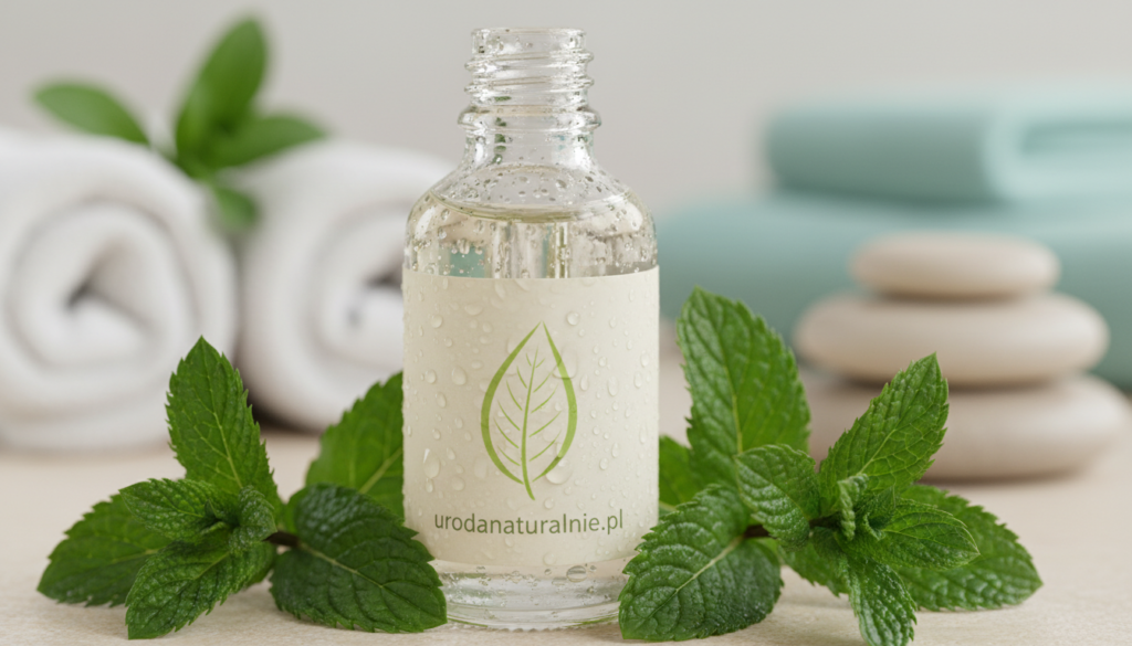 A beautifully arranged close-up of peppermint oil in a glass dropper bottle, surrounded by fresh peppermint leaves. In the foreground, the bottle glistens with droplets of condensation, reflecting soft, natural lighting to create a fresh and inviting feel. In the middle, vibrant green peppermint leaves are artfully scattered around the bottle, emphasizing the natural origins of the product. In the background, a blurred, serene spa setting with soft fabrics and calming colors enhances the soothing atmosphere. The overall mood is tranquil and rejuvenating, perfect for illustrating the use of peppermint oil for scalp care. Include a subtle logo of "urodanaturalnie.pl" on the bottle's label for branding.