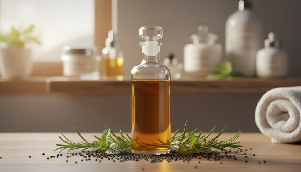 A beautifully arranged flat lay composition of black seed oil (olej z czarnuszki) in an elegant glass bottle, prominently displayed in the foreground. The bottle should have a sleek design, showcasing the golden-brown hue of the oil. Surrounding the bottle, vibrant black seed (czarnuszka) seeds scatter artistically alongside fresh herbal leaves, emphasizing its natural origins. In the background, a softly lit bathroom setting hints at a serene, spa-like atmosphere with blurred outlines of luxurious skincare products on a wooden shelf. Warm, natural lighting creates a calming ambiance, inviting the viewer into the world of beauty and wellness. The overall mood is tranquil and nurturing, reflecting the essence of the brand urodanaturalnie.pl, without any text or branding visible on the image.