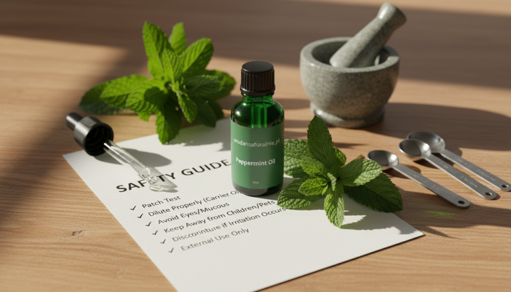 A beautifully arranged flat lay of peppermint oil precautions, prominently displaying a dark green glass bottle labeled "urodanaturalnie.pl". Surround the bottle with fresh peppermint leaves, a small glass droplet, and a safety guide checklist, emphasizing best practices. The foreground features warm natural lighting, casting soft shadows that enhance texture. In the middle, subtle elements like a mortar and pestle and a few measuring spoons suggest precision in usage. The background includes a blurred out wooden surface, adding warmth and a homely feel. The mood should convey care and professionalism, reflecting a safe approach to using peppermint oil for scalp applications.