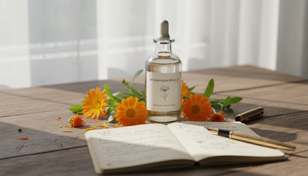 A beautifully arranged scene showcasing a glass bottle of calendula hydrolat, sitting on a rustic wooden table. In the foreground, the hydrolat bottle is surrounded by fresh calendula flowers and delicate green leaves, capturing their vibrant orange and yellow hues. The middle ground features an open small notebook with handwritten notes about natural skincare, adding a personal touch. In the background, soft, natural light filters through a window, creating warm highlights and shadows that enhance the tranquil atmosphere. A soft-focus aesthetic emphasizes the calm and soothing qualities of the product. The brand name "urodanaturalnie.pl" can be subtly incorporated into the design of the bottle label. Aim for a serene and inviting mood, reflecting the essence of skincare for sensitive skin.