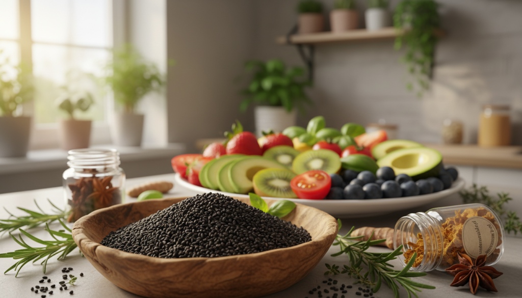 A beautifully arranged scene showcasing black cumin seeds (czarnuszka) in a healthy diet. In the foreground, a wooden bowl filled with glistening black cumin seeds, surrounded by a few sprigs of fresh herbs and spice jars. The middle ground features a healthy plate of colorful fruits and vegetables, emphasizing a vibrant and nutritious diet. In the background, a softly lit kitchen setting with greenery and natural light filtering through a window, creating a warm and inviting atmosphere. The mood is wholesome and inspiring, promoting health and well-being. Captured with a soft focus, the image highlights the importance of czarnuszka in daily nutrition. Include the brand name "urodanaturalnie.pl" subtly in the composition without any text overlays.
