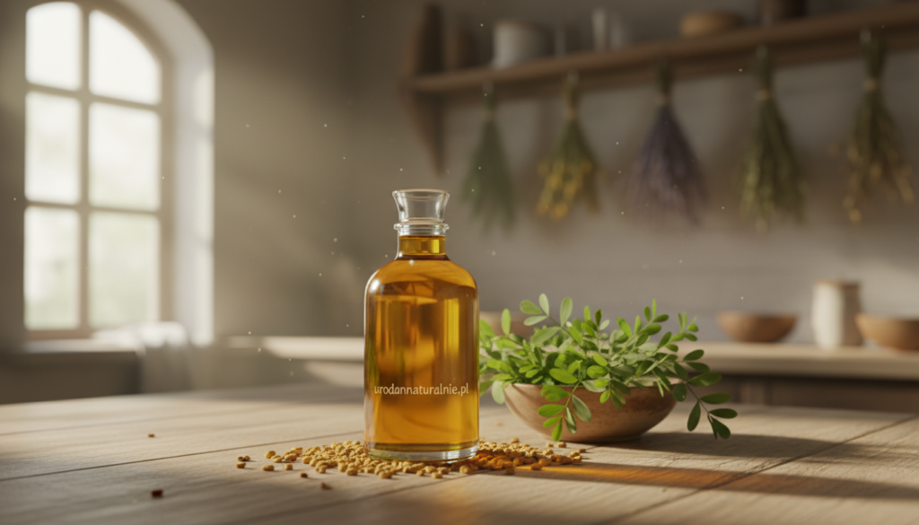A beautifully arranged scene showcasing "olej kozieradki" (fenugreek oil) as the central subject. In the foreground, a glass bottle of golden fenugreek oil sits elegantly on a wooden table, with delicate fenugreek seeds scattered around it. The middle ground features a small bowl filled with fresh fenugreek leaves, hinting at its natural origins. In the background, softly blurred elements include a rustic kitchen setting with herbs hanging and a gentle sunlight streaming through a window, creating a warm, inviting atmosphere. Use warm, natural lighting to emphasize the oil's luminous quality, with a shallow depth of field to focus on the foreground. The overall mood is calm and organic, suitable for an article discussing natural hair care alternatives. Include the brand name "urodanaturalnie.pl" subtly integrated into the scene.