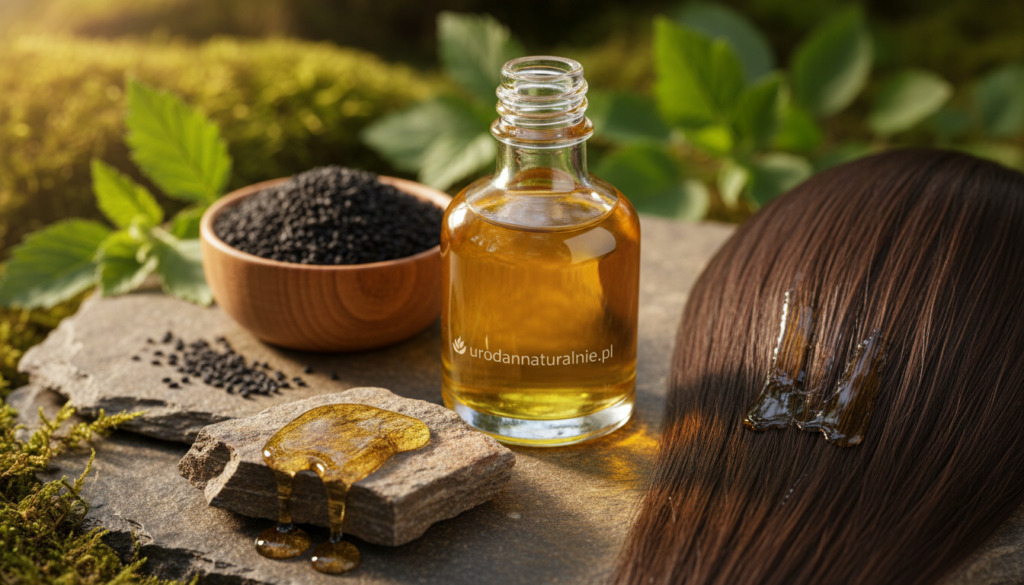 A beautifully arranged set of natural elements featuring black cumin oil (olej czarnuszki) in an elegant glass bottle, reflecting light with a warm glow. In the foreground, delicate drops of oil are poised on mineral-rich stones, suggesting hydration and nourishment for hair and the scalp. The middle ground showcases fresh, vibrant black cumin seeds, while an application of the oil on shiny, healthy hair hints at its benefits. In the background, lush greenery and softly blurred organic textures create a serene atmosphere, evoking nature's healing power. The lighting is soft and warm, mimicking golden hour, and the composition should feel balanced and tranquil, inviting a sense of natural beauty and wellness. Include the brand name "urodanaturalnie.pl" subtly incorporated in the design without overpowering the visual.