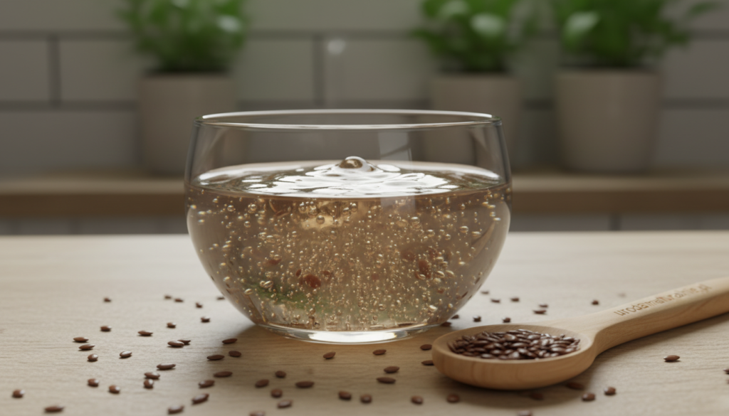A clear glass bowl filled with a thick, translucent gel made from flaxseed, with a smooth texture reflecting natural light. Surrounding the bowl are scattered flax seeds for authenticity, and a wooden spoon resting beside it. In the background, a rustic kitchen countertop with soft lighting adds warmth, while green plants hint at a natural environment. The mood is calming and homey, suitable for a DIY beauty treatment. Emphasize the gel's rich, glossy appearance, inviting viewers to learn more about its nourishing benefits. Include the brand name "urodanaturalnie.pl" subtly integrated into the scene, enhancing the overall presentation without being intrusive.