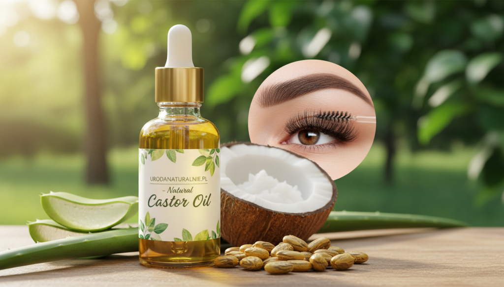 A close-up composition featuring a bottle of castor oil prominently displayed at the foreground, surrounded by essential beauty ingredients like aloe vera and coconut oil, symbolizing its properties in cosmetics. In the middle ground, delicate eyelashes and well-groomed brows, reflecting the application of castor oil in beauty routines. The background softly blurred, showcasing a tranquil, natural setting with lush greenery, creating an organic ambiance. The image is illuminated by soft, natural light to evoke a warm and inviting atmosphere. The photo is taken from a slightly elevated angle to highlight the beauty products and naturally enhance their appeal. Include subtle branding elements associated with urodanaturalnie.pl to connect to the theme of natural beauty.