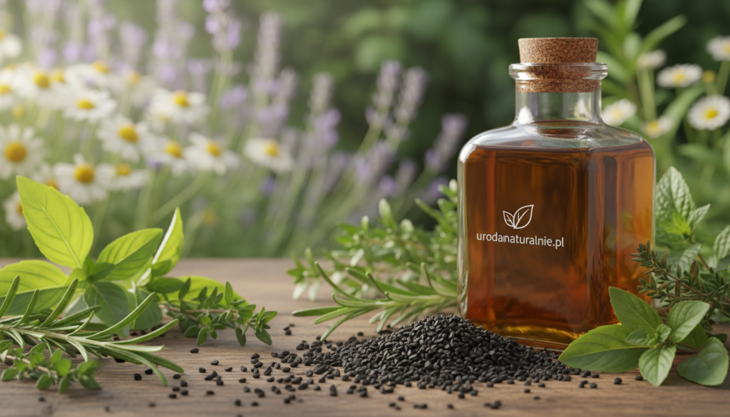 A close-up composition of black cumin seeds (czarnuszka), highlighted in the foreground with soft, natural lighting that accentuates their glossy texture. Surrounding the seeds, fresh herbs and vibrant green leaves create an organic atmosphere, symbolizing health and beauty. In the middle ground, a clear glass bottle filled with cold-pressed black cumin oil reflects the light, showcasing its rich golden hue. The background features a blurred garden scene, filled with soft-focus flowers and greenery, conveying a sense of purity and nature. The overall mood is calm and rejuvenating, representing the essence of natural wellness. The logo "urodanaturalnie.pl" subtly incorporated into the composition adds a professional touch.