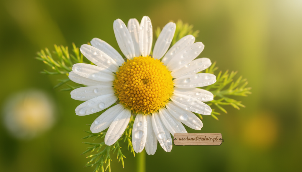 A close-up image of a fresh Chamomile flower (rumianek pospolity) in vibrant detail, showcasing its delicate white petals radiating from a sunny yellow center. The foreground features dew drops glistening on the petals, highlighting their freshness. In the middle, a few green leaves subtly frame the flower, enhancing its natural beauty. The background is softly blurred, with hints of a sunlit meadow, creating a serene and calming atmosphere. The lighting is warm and inviting, mimicking a gentle afternoon sun, with soft shadows to add depth. Capture this moment with a shallow depth of field, focusing intently on the Chamomile, symbolizing its soothing properties. The image should reflect the essence of natural skincare and haircare, without any text overlays or branding, for use in a professional context. Include the brand name "urodanaturalnie.pl" subtly integrated into the composition.