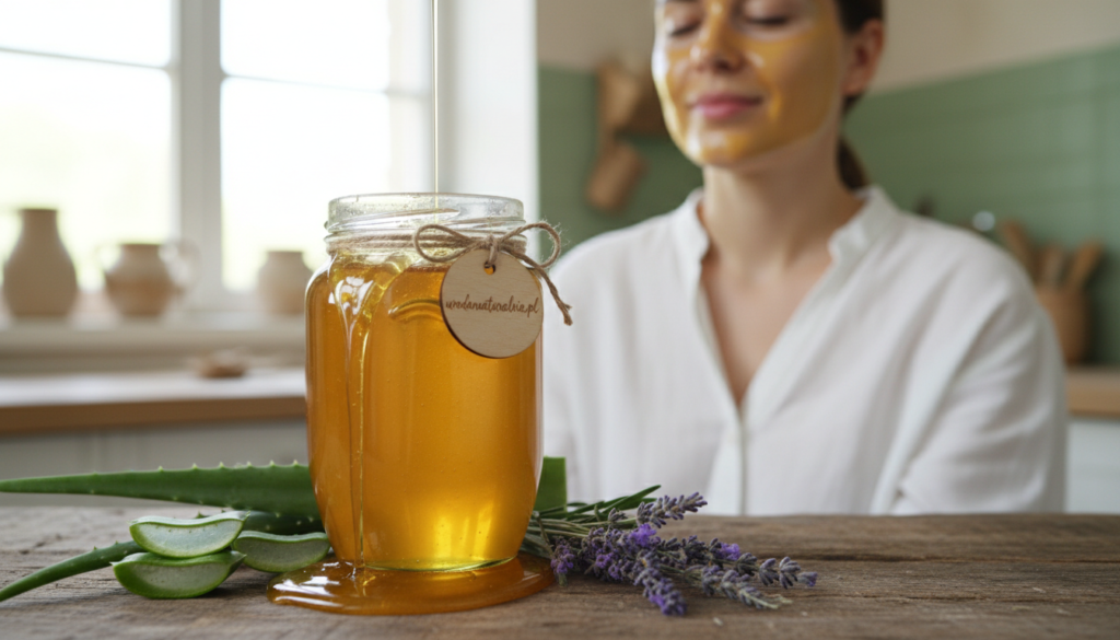 A close-up of a beautifully arranged honey jar in the foreground, glistening with golden honey, spilling slightly onto a wooden surface. Surrounding the jar, delicate ingredients such as fresh aloe vera leaves and lavender sprigs symbolize natural skincare. In the middle, a softly focused image of a woman's face, glowing and radiant, adorned with a light honey mask. She is wearing a simple white blouse, exuding a sense of purity and vitality. In the background, softly blurred pastel colors of a serene kitchen setting with natural light streaming in through a window, creating a warm and inviting atmosphere. The composition conveys a sense of calm, wellness, and the nourishing properties of honey, perfect for highlighting its benefits for skin health. Include the brand name "urodanaturalnie.pl" subtly integrated into the image.