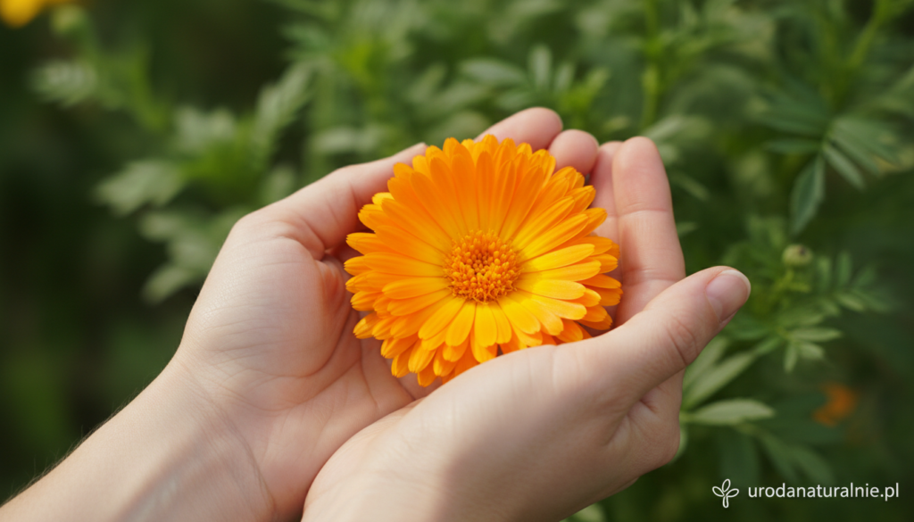 A close-up of a blooming marigold flower (Nagietek) gently cradled in a pair of gentle, caring hands. The hands, appearing soft and nurturing, are positioned in the foreground, demonstrating the delicate handling of the flower. The marigold's vibrant orange and yellow petals radiate warmth and healing energy, symbolizing their soothing properties for sensitive skin around the eyes. In the background, a softly blurred natural setting featuring lush greenery enhances the serene atmosphere. The image is bathed in soft, natural light, creating an overall calm and nurturing mood. The composition has an intimate focus, reminiscent of a personal skincare ritual, embodying the essence of care from urodanaturalnie.pl.