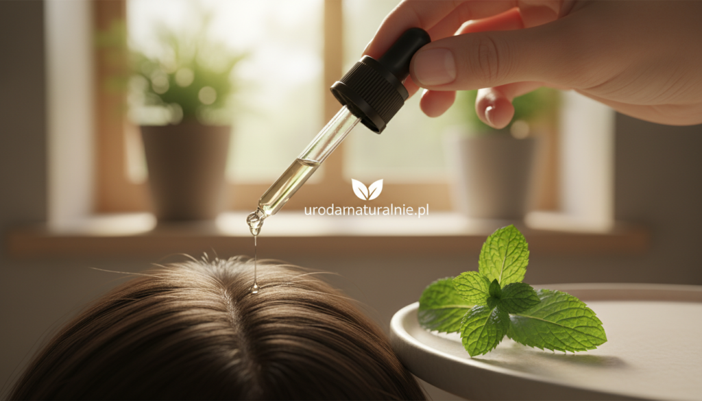 A close-up of a hand applying peppermint oil to the scalp, showcasing the oil being dispensed from a stylish glass dropper bottle prominently labeled "urodanaturalnie.pl". The foreground captures the glistening oil droplets on the fingers, emphasizing the fresh and invigorating nature of peppermint. In the middle ground, a leafy peppermint sprig rests next to the bottle, enhancing the botanical theme. The background features a softly blurred bathroom setting, with warm, natural lighting that creates a cozy atmosphere. The focus is sharp on the application process, conveying a sense of care and rejuvenation. The overall mood is peaceful and refreshing, inviting the viewer to explore the benefits of peppermint oil for hair growth.