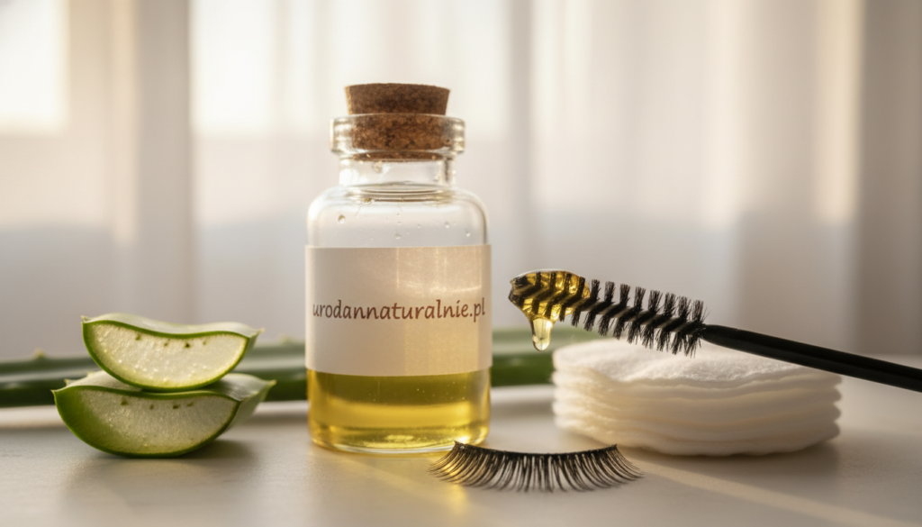 A close-up of a serene bathroom setting, featuring a small glass bottle of castor oil creatively labeled "urodanaturalnie.pl". The foreground showcases a luxurious eyelash brush dipped in the oil, with shimmering eyelashes glistening under soft, warm light. In the middle ground, a fresh aloe vera leaf and natural cotton pads suggest a gentle beauty routine. The background is softly blurred, featuring light streaming in from a window with sheer curtains, creating a calm and inviting atmosphere. The scene conveys the theme of natural beauty and care, emphasizing the richness and hydrating properties of castor oil in enhancing eyelashes and brows, with a focus on a holistic approach to beauty.