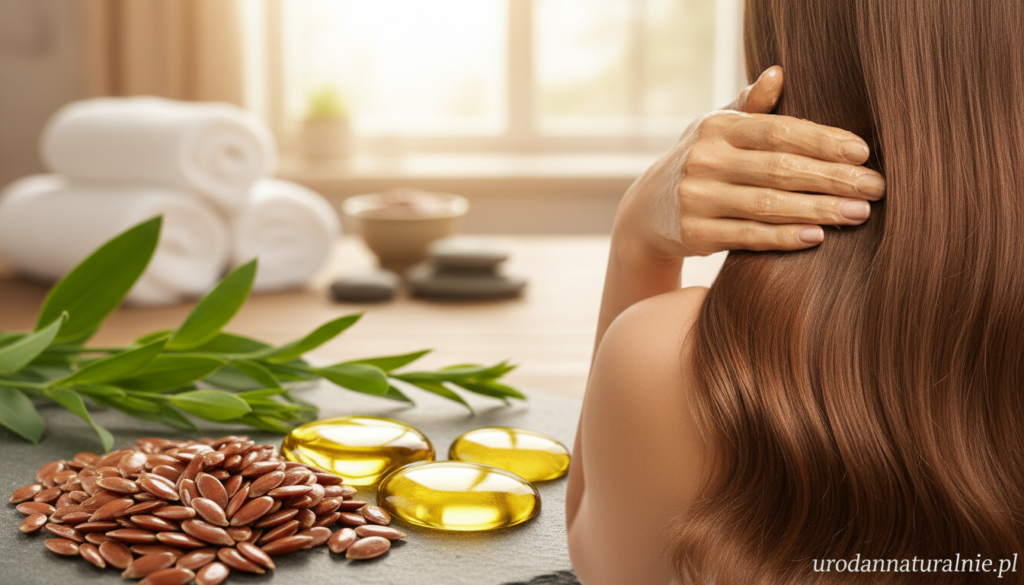 A close-up of a vibrant, healthy flaxseed (siemię lniane) surrounded by rich, green leaves, illustrating its natural benefits for skin and hair. In the foreground, show glistening flaxseed oil droplets, highlighting its hydrating properties. The middle ground features a delicate hand applying a flaxseed mask to smooth, shiny hair, with soft, textured strands cascading down. The background should have a serene, softly lit setting that conveys a natural and calming atmosphere, reminiscent of a spa. Use warm, inviting lighting to enhance the soothing effect. Portray the entire scene in a gentle, organic aesthetic that aligns with the ethos of "urodanaturalnie.pl," emphasizing the connection between flaxseed and healthy hair and skin.