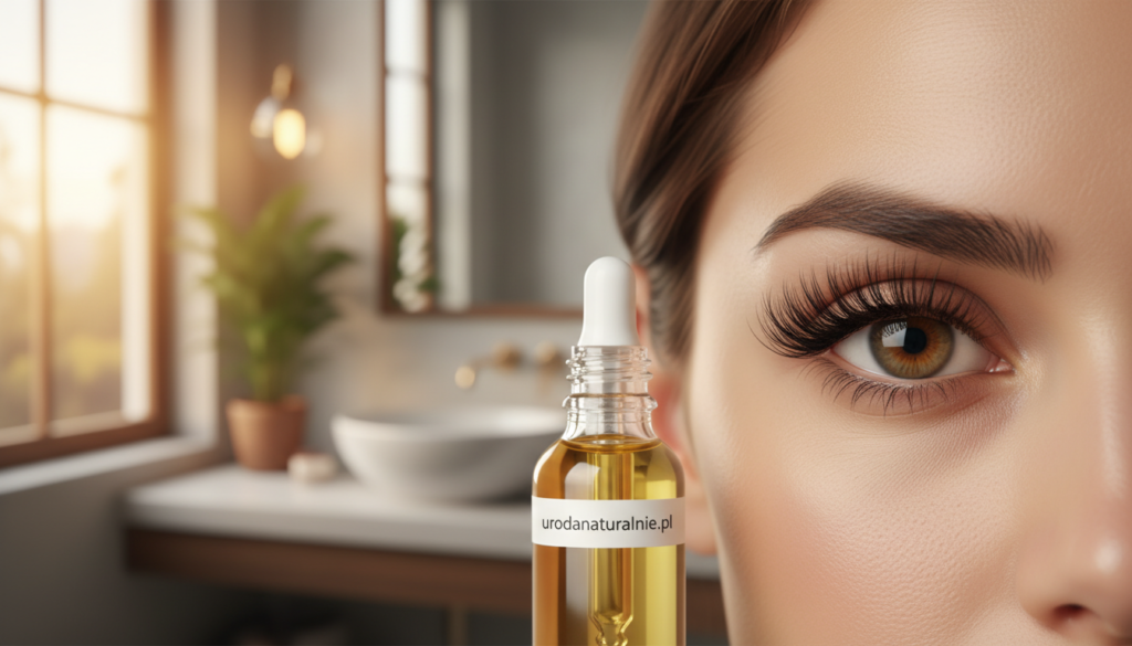 A close-up of beautifully enhanced eyelashes, showcasing the effects of castor oil on lashes and brows. In the foreground, focus on a pair of elegant eyes with long, thick eyelashes, glistening with subtle sheen, emphasizing their natural curl and fullness. The middle ground features a delicate bottle of castor oil, elegantly designed with a minimalistic label reading "urodanaturalnie.pl." In the background, a soft-focus bathroom setting creates a serene atmosphere with warm, natural light cascading from a nearby window, enhancing the luxurious feel. The overall mood conveys empowerment and confidence, promoting the transformative effects of the beauty regimen. The composition should evoke a sense of care and professionalism, perfect for illustrating the benefits of castor oil in a beauty routine.