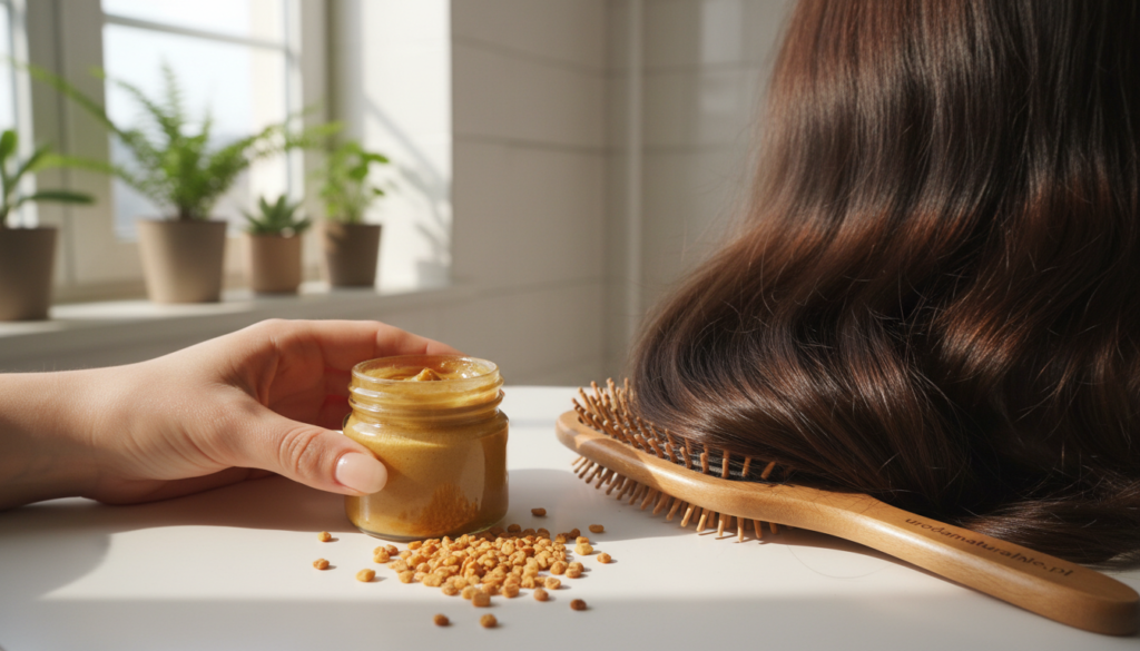 A close-up scene showcasing the effects of hair growth using fenugreek, featuring lush, healthy hair with noticeable volume and shine. In the foreground, a hand gently holds a small jar of fenugreek paste, with a few seeds scattered nearby. The middle ground displays a hair brush, highlighting strands that appear vibrant and full. In the background, a softly lit bathroom setting with green plants creates a fresh atmosphere. Natural lighting filters through a window, casting delicate shadows, emphasizing the hair's texture and the natural ingredients. The mood is serene and encouraging, suggesting rejuvenation and vitality. Include the brand name "urodanaturalnie.pl" subtly in the composition without text overlays.