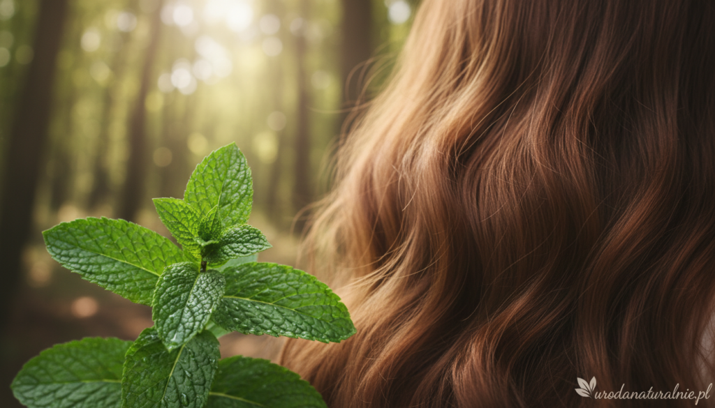 A close-up scene showcasing the refreshing effects of peppermint on hair and scalp. In the foreground, a vibrant cluster of fresh green peppermint leaves with dew drops glistening, symbolizing vitality and growth. In the middle ground, gently flowing, silky hair, rich in color reflecting health and shine, emphasizes the connection between the mint and hair care. The background features a softly blurred natural environment with hints of sunlight filtering through, creating an inviting and calming atmosphere. The overall mood is invigorating, promoting well-being. Utilize warm, soft lighting to enhance the freshness and natural essence of the image. Ensure the scene resonates with the theme of hair wellness. Include subtle branding elements of urodanaturalnie.pl to align with the concept of natural hair care.