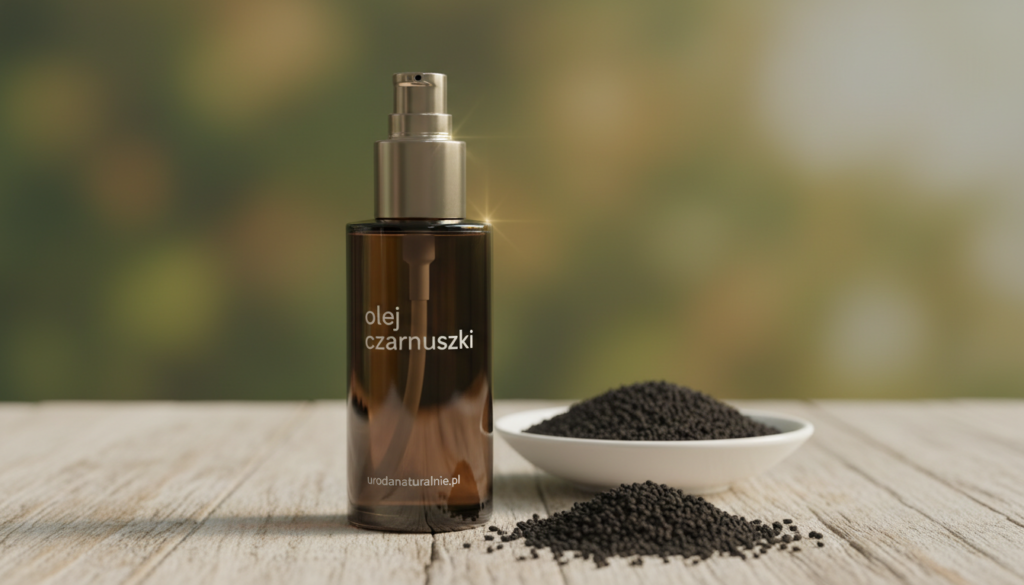 A close-up view of a dark glass bottle of "olej czarnuszki" (black seed oil) prominently displayed in the foreground, with a sleek and modern design. Beside the bottle, scattered black cumin seeds add texture and contrast against a light wooden surface. In the middle ground, a small white ceramic dish filled with seeds reflects natural light, enhancing the warm and inviting atmosphere. The background features soft green and gold hues, suggesting the essence of nature and health. The lighting is soft and diffused, creating an organic feel, with a slight glare on the bottle to emphasize its premium quality. Ideal for a wellness-focused theme, this composition captures the essence of "urodanaturalnie.pl."