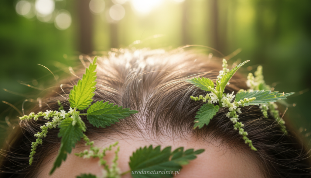 A close-up view of a healthy scalp, showing detailed skin texture and follicle structures, highlighting vibrant hair growth. In the foreground, natural elements like nettle leaves and flowers integrate seamlessly, symbolizing their beneficial properties for hair and scalp health. The middle ground features gentle lighting that creates a soft, inviting atmosphere, emphasizing the skin's natural color and hydration. The background is blurred, suggesting a serene nature scene to enhance focus on the scalp while evoking a sense of tranquility. The overall mood is fresh and revitalizing, conveying the essence of natural remedies. The composition is framed as if captured with a macro lens, ensuring clarity and detail in the subject. Designed for urodanaturalnie.pl, this image embodies the harmonious relationship between nature and hair care.