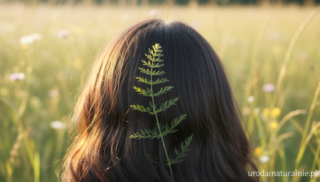 A close-up view of a person with dark, lustrous hair, showcasing the effects of natural hair darkening. The foreground features the silky strands glistening, highlighting their rich, deep hues. In the middle, a sprig of field horsetail (Skrzyp polny) gracefully rests beside the hair, symbolizing its nourishing properties. The background features a softly blurred natural setting, perhaps a sunlit meadow, evoking tranquility and health. The lighting is warm and inviting, with golden rays accentuating the hair's sheen. The image conveys a sense of well-being and vitality, showcasing both the hair and the herbal aspect in harmony. This visual encapsulates the topic's essence. Brand name: urodanaturalnie.pl.