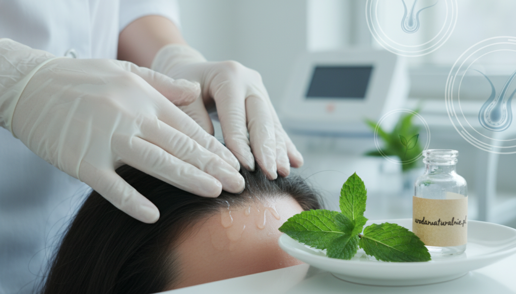 A close-up view of a professional trichologist’s hands applying menthol to a healthy scalp, showcasing vibrant mint leaves and a glass vial labeled "urodanaturalnie.pl" beside them. The scene features softly diffused natural lighting to emphasize the cool, refreshing essence of menthol, with gentle shadows adding depth. In the background, blurred images of hair follicles and scalp treatments provide context without distraction. The atmosphere is clinical yet serene, reflecting a sense of rejuvenation and care for hair health. The focus is on the tactile experience of the menthol application and its invigorating properties on the scalp, highlighting the connection between nature and trichology practices.