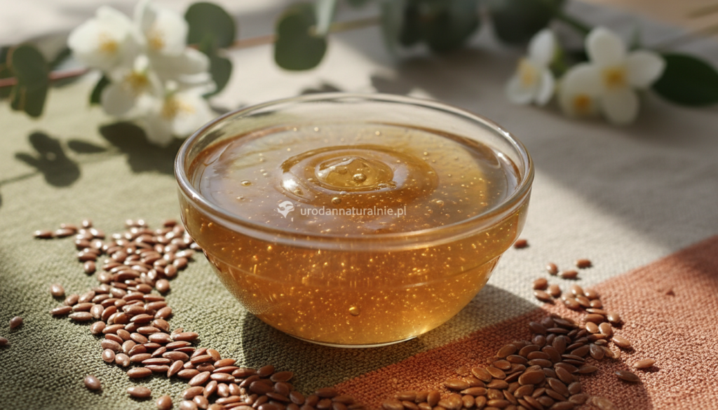 A close-up view of a smooth, translucent gel made from flax seeds (glutek lniany), displayed in an elegant glass bowl surrounded by flax seeds scattered artfully around it. In the foreground, the gel glistens under soft, natural lighting that enhances its texture, conveying a sense of freshness and nourishment. The middle ground shows textured fabric in muted earth tones, hinting at a cozy, homey atmosphere. In the background, blurred botanical elements, like small green leaves or delicate sprigs, create a sense of nature and wellness. The overall mood is calming and inviting, reflecting the natural benefits of flaxseed gel for hair hydration and smoothing. The branding "urodanaturalnie.pl" subtly incorporated into the scene to align with the natural aesthetic.