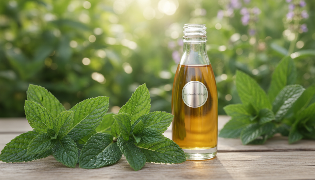 A close-up view of fresh mentha piperita leaves, showcasing their vibrant green color and textured surface. In the foreground, a few sprigs of mint are elegantly arranged on a wooden surface, with moisture droplets glistening on the leaves. The middle section features a small elegant glass bottle filled with peppermint oil, with faint reflections on its surface. In the background, a blurred out herbal garden with softly diffused sunlight creating a warm and inviting atmosphere. The overall mood is natural and refreshing, emphasizing the potential benefits of peppermint. The image should convey a sense of growth and vitality, making it ideal to represent the extraction of ingredients for hair growth. Include the brand name "urodanaturalnie.pl" in a subtle way, as part of the composition.
