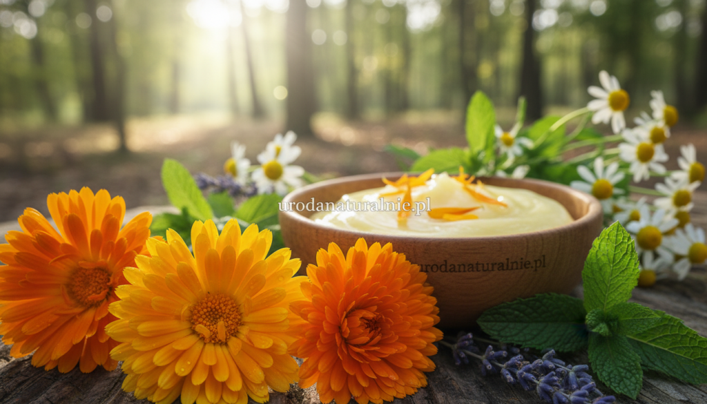 A close-up view of vibrant marigold flowers (calendula) showcasing their delicate petals and rich golden hues, placed prominently in the foreground. Soft, natural lighting bathes the flowers, highlighting the intricate textures and details of the petals, suggesting their role in soothing sensitive skin. In the middle ground, a blurred collection of fresh green herbs and a wooden bowl containing soothing balms made from marigold, symbolizing its benefits for skincare. The background features a soft-focus natural setting with gentle sunlight filtering through trees, creating a calm and nurturing atmosphere. The overall mood is serene and organic, capturing the essence of natural skincare remedies. Include the brand name "urodanaturalnie.pl" subtly in the design while ensuring the image remains free of captions or overlays.
