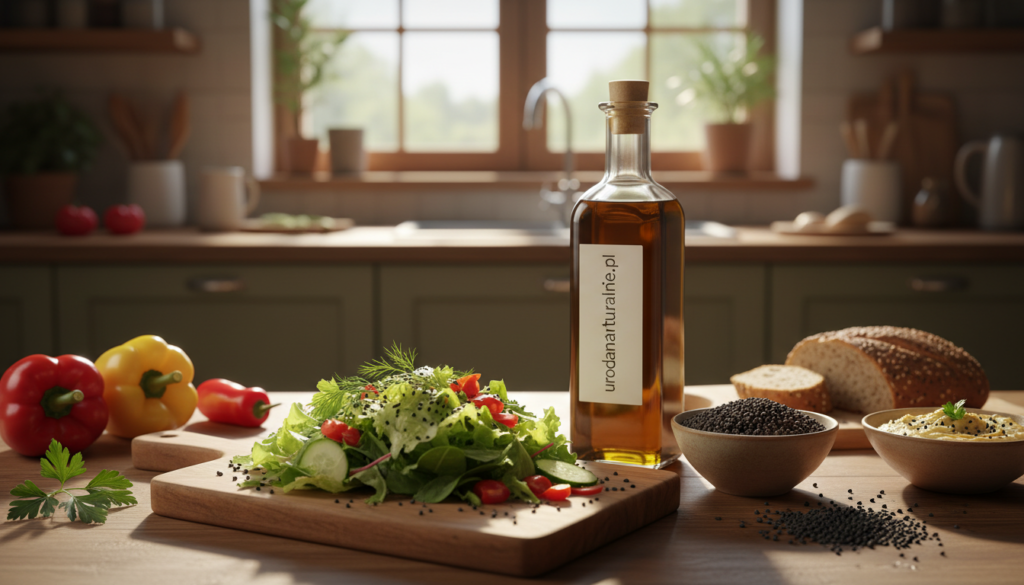 A cozy kitchen setting featuring a variety of fresh ingredients and dishes using czarnuszka (black cumin seeds) and its oil. In the foreground, a wooden cutting board displays a colorful salad drizzled with czarnuszka oil, garnished with seeds, vibrant green herbs, and slices of fresh vegetables. The middle ground includes an elegant glass bottle of czarnuszka oil next to a small bowl filled with seeds, meticulously arranged. In the background, natural sunlight filters through a window, casting soft shadows and creating a warm, inviting atmosphere. The earthy tones of the kitchen complement the vivid colors of the food, conveying a sense of health and vitality. The brand "urodanaturalnie.pl" subtly appears in the scene, enhancing the focus on natural wellness.