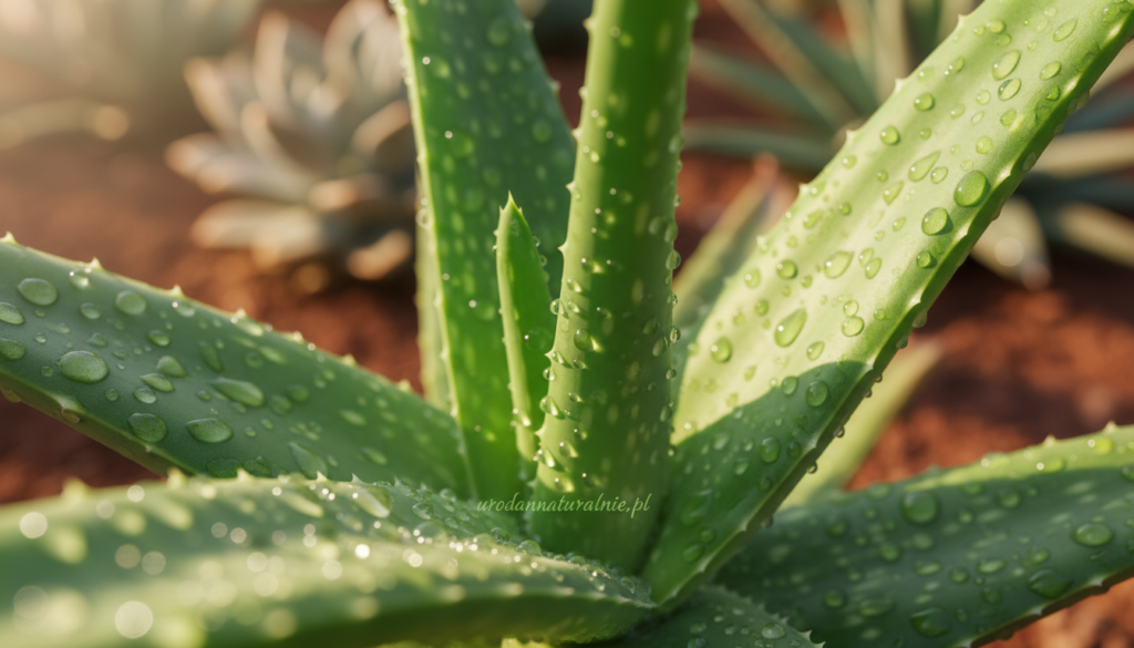 A detailed close-up of an aloe vera plant showcasing its thick, fleshy leaves with a vibrant green coloration and subtle speckles. The foreground captures droplets of water glistening on the leaves, emphasizing freshness and vitality. In the middle ground, a blurred background reveals a natural setting, with soft-focus succulents and a hint of earthy soil to create a harmonious botanical atmosphere. The lighting is bright and natural, suggesting a warm, sunlit environment that enhances the plant's healthy appeal. Capture this image with a macro lens to highlight the intricate texture of the aloe vera leaves, evoking a sense of tranquility and wellness associated with using aloe. Mention the source "urodanaturalnie.pl" subtly within the image.