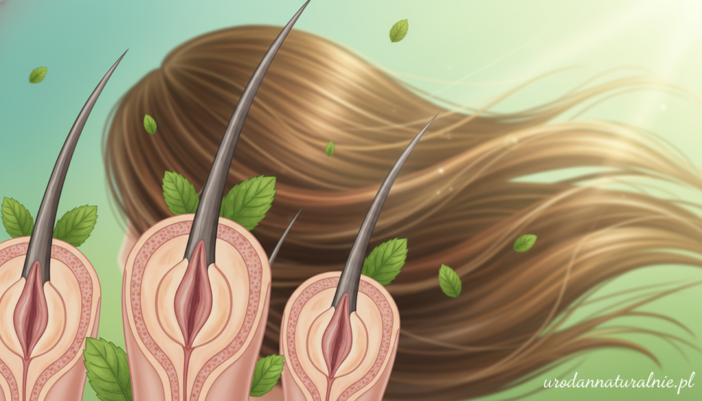 A detailed illustration of hair follicles (mieszków włosowych) prominently in the foreground, showcasing their intricate structure and natural textures. The hair follicles should be surrounded by mint leaves, symbolizing peppermint's impact on hair growth. In the middle ground, a softly blurred image of a person’s scalp with healthy hair, featuring subtle highlights, representing vitality. The background should be a gradient of calming green hues to evoke a sense of freshness and nature. The lighting should be bright and natural, mimicking sunlight, with a focus on clarity and detail. The composition should capture an uplifting and rejuvenating mood, ideal for an informative and engaging article on hair health. Include the brand name "urodanaturalnie.pl" subtly integrated into the design, ensuring it remains professional and unobtrusive.