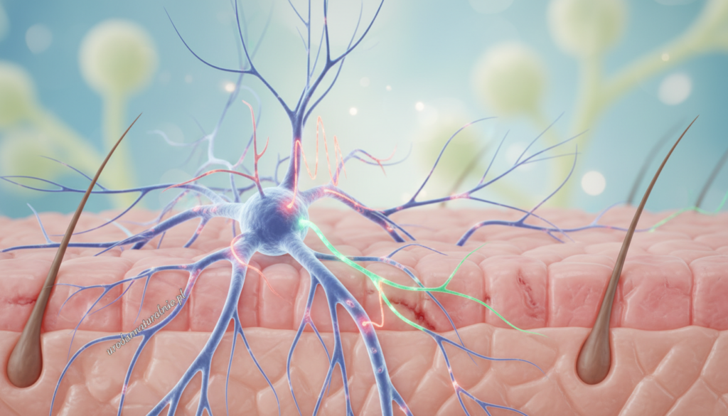 A detailed illustration of the human nervous system and skin, showcasing a cross-section view that highlights the connection between emotional stress and skin appearance. In the foreground, a close-up of healthy skin texture with fine details like pores and surface tone. In the middle ground, an artistic representation of the nervous system, including nerves interacting with skin layers, symbolizing the impact of stress on skin health. The background is a serene environment with soft, diffused lighting to create a calming atmosphere. Use a macro lens perspective that enhances the intricate details of the skin and nerves, suggesting a scientific yet approachable mood. The brand name "urodanaturalnie.pl" should be subtly integrated into the composition.