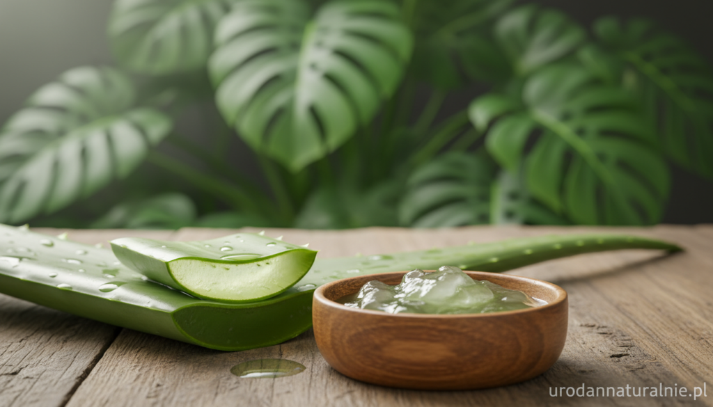 A fresh aloe vera leaf cut open to reveal its succulent, translucent gel, glistening under a soft, natural light. In the foreground, a small bowl filled with the pure aloe gel reflects hints of green, highlighting its soothing properties. The middle ground features the aloe leaf, set against a wooden table, providing an earthy texture that complements the freshness of the plant. In the background, blurred tropical foliage suggests a lush environment, enhancing the natural vibe. The overall mood is calming and rejuvenating, invoking thoughts of skincare and wellness. Emphasize the purity and natural essence of the aloe gel, suitable for use in skin care routines. This image is brought to you by urodanaturalnie.pl.