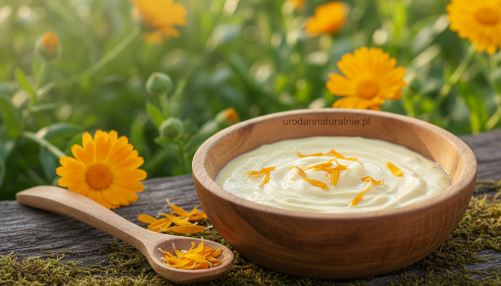 A serene and calming scene showcasing marigold flowers (nagietek) in various stages of bloom, set against a soft, blurred background of green foliage. In the foreground, a natural, rustic wooden bowl filled with a creamy face mask made from marigold petals and soothing ingredients, such as honey and yogurt. A small wooden spoon rests beside the bowl, emphasizing a natural, homemade aesthetic. Soft, diffused sunlight bathes the scene, creating a warm and inviting atmosphere. The lens captures a close-up shot to highlight the texture of the face mask and the vibrant colors of the marigold flowers. The mood is tranquil and nurturing, perfect for reflecting the benefits of marigold for sensitive skin. The brand name "urodanaturalnie.pl" subtly integrated into the scene.