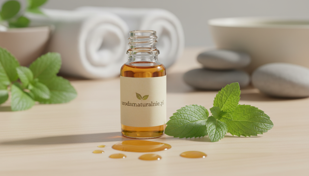 A serene and elegant composition featuring a small glass bottle of melissa essential oil, expertly labeled with "urodanaturalnie.pl". In the foreground, a few drops of the oil spill gracefully onto a smooth, natural wooden surface, evoking a sense of purity and nature. The middle ground features fresh melissa leaves, their vibrant green contrasting beautifully with the amber hue of the oil bottle. Soft lighting illuminates the scene, casting gentle shadows that enhance the organic textures. In the background, a blurred spa-like environment emerges, suggesting tranquility and wellness. The overall mood is calming and rejuvenating, reflecting the soothing properties of melissa oil for skin, particularly for oily skin and irritations.
