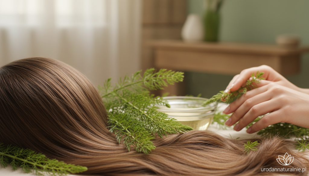 A serene and harmonious scene depicting the effects of horsetail (Skrzyp polny) on hair, scalp, and nails. In the foreground, a healthy, vibrant head of hair flowing gracefully, with a close-up focus on the scalp revealing healthy skin and roots. The middle ground shows botanical elements such as horsetail plants, adding a natural touch. The background features a soft, blurred environment reminiscent of a tranquil spa, with gentle, warm lighting creating a soothing atmosphere. Use a shallow depth of field to emphasize the details of the hair and scalp while keeping the background softly muted. Convey a feeling of rejuvenation and well-being, highlighting the natural beauty benefits. The image logo should feature "urodanaturalnie.pl."