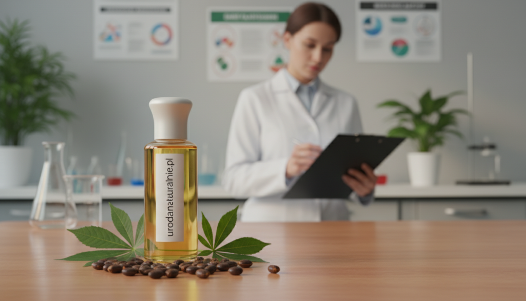 A serene and informative scene depicting the safety of castor oil in a professional context. In the foreground, a bottle of high-quality castor oil with a sleek design, labeled “urodanaturalnie.pl,” sits on a polished wooden table, surrounded by fresh castor seeds and green leaves for a natural touch. The middle layer features a soft-focus image of a scientist in a white lab coat, examining a clipboard filled with safety regulations and ingredient assessments, symbolizing professional oversight. The background consists of a softly blurred laboratory setup with safety posters and plants, enhancing the atmosphere of safety and trust. The lighting is warm and inviting, with soft shadows to create a calm mood that emphasizes assurance and credibility in the use of castor oil.