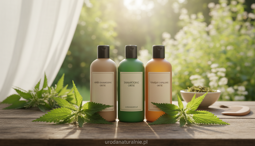 A serene and inviting arrangement of hair care products featuring herbal cosmetics infused with nettle. In the foreground, display sleek bottles of nettle shampoo, conditioner, and tonic, elegantly designed with earthy tones and minimalist labels from the brand "urodanaturalnie.pl". The middle ground showcases fresh, vibrant nettle leaves artistically draped around the products, emphasizing their natural ingredients. In the background, softly blurred, a tranquil garden setting bathed in gentle, diffused sunlight creates a warm and calming atmosphere. The scene conveys a sense of organic wellness and rejuvenation, perfect for showcasing the benefits of nettle in hair care. Ideal for an article exploring herbal remedies for hair loss, the focus remains on the natural, healthy motif without any distractions.