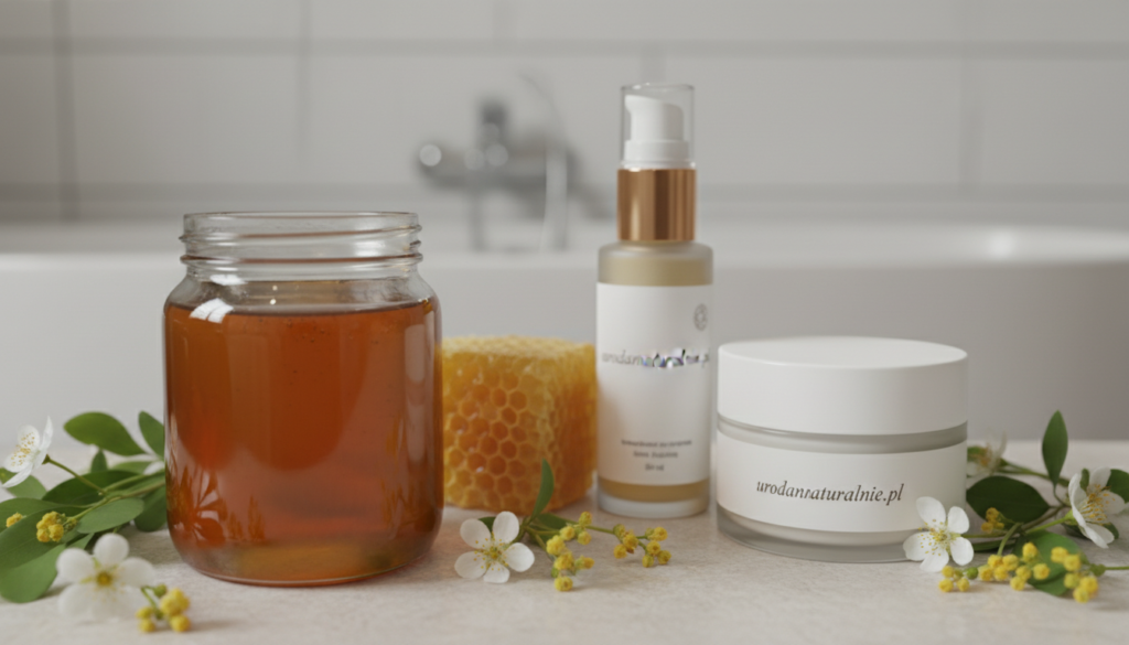 A serene and inviting beauty scene showcasing the properties of honey in cosmetology. In the foreground, a clear jar filled with golden honey glistens under soft, warm lighting, surrounded by small, delicate flowers and lush greenery to emphasize natural beauty. In the middle ground, a honeycomb and a few skincare products, such as a cream and a serum labeled with the brand "urodanaturalnie.pl", are artfully arranged to highlight hydration and soothing effects. In the background, a softly blurred bathroom setting suggests tranquility and self-care. The overall mood is calming and rejuvenating, with a focus on nurturing skin health, conveying warmth and wholesomeness. Use a shallow depth of field to enhance the visual appeal, emphasizing the beauty of natural ingredients.