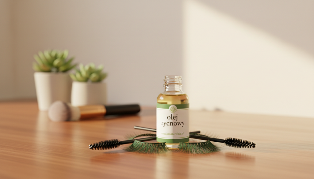 A serene and inviting beauty setup featuring a small glass bottle of castor oil (olej rycynowy) placed prominently in the foreground. The bottle's label reads "urodanaturalnie.pl" and is elegantly designed. Surrounding the bottle, delicate mascara wands and lush, vibrant eyelashes create a focal point on the benefits of castor oil for lashes and brows. In the middle ground, soft lighting highlights a smooth wooden vanity adorned with natural elements like a small potted plant and a fluffy makeup brush. The background fades into a softly blurred, light-colored wall, enhancing the calming atmosphere. The overall mood is one of tranquility and beauty care, emphasizing the natural benefits of castor oil while maintaining a warm, cozy feel.