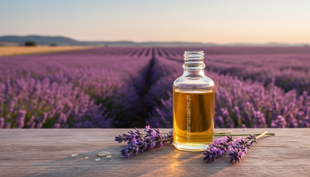 A serene and inviting display of lavender fields, capturing the calming properties of lavender essential oil, emphasizing its skin-care benefits. In the foreground, a clear glass bottle of lavender oil sits elegantly, with soft golden light reflecting off its surface, surrounded by fresh lavender sprigs. In the middle ground, lush clusters of blooming lavender flowers create a vibrant purple tapestry, showcasing the beauty and richness of the plant. The background features a soft-focus of rolling hills under a warm, pastel sunset, enhancing the soothing atmosphere. The scene embodies tranquility and wellness, ideal for a natural skincare theme, with gentle lighting that casts soft shadows, inviting the viewer to appreciate the essence of lavender. Include the brand name "urodanaturalnie.pl" subtly in the composition.