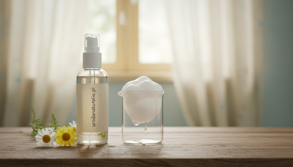 A serene and inviting scene featuring a gentle face tonic infused with chamomile, placed on a rustic wooden table. The foreground highlights a clear bottle with a natural label, reading "urodanaturalnie.pl," alongside fresh chamomile flowers and green leaves. In the middle, a soft, creamy foam and a delicate glass beaker showcase the tonic’s soothing properties. The background includes a softly lit bathroom setting, with subtle hints of natural light filtering through gauzy curtains, creating a warm and calming atmosphere. The soft focus enhances the tranquility of the scene, evoking feelings of relaxation and self-care, ideal for a skin soothing ritual. Soft pastel colors dominate the palette, contributing to an overall peaceful and rejuvenating mood.