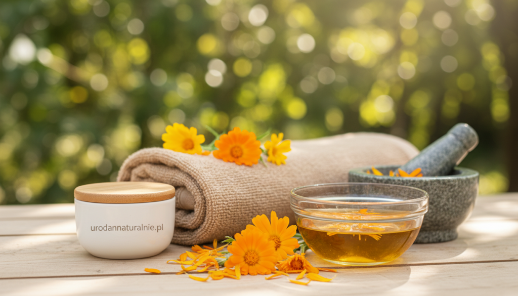 A serene and inviting setting showcasing the use of marigold (Calendula officinalis) on sensitive skin. In the foreground, a clean and elegant glass dish filled with marigold-infused oil, delicately placed beside fresh marigold flowers in vibrant orange and yellow shades. In the middle ground, a soft bamboo towel folded neatly on a light wooden surface, hinting at a calming skincare routine. The background features a softly blurred natural setting with sunlight gently streaming through leaves, casting a warm, golden glow. The overall atmosphere is tranquil and nurturing, inviting viewers to explore the soothing properties of marigold. Capturing the essence of natural skincare, with a focus on the brand "urodanaturalnie.pl".