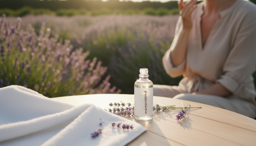 A serene and inviting spa setting featuring a clear glass bottle of lavender essential oil, labeled "urodanaturalnie.pl", placed elegantly on a wooden table. In the foreground, a soft, white towel is artistically draped, suggesting a caring touch for the skin. The middle ground showcases gentle lavender sprigs scattered around the bottle, enhancing the calming atmosphere, while a subtle shadow of a person in modest casual attire applies the oil to their face, highlighting proper technique. The background is softly blurred, depicting a tranquil garden with lavender plants under warm, natural sunlight, creating a soothing and peaceful mood. The image should evoke feelings of relaxation, care, and the natural beauty benefits of lavender oil for skin wellness.