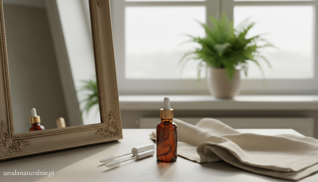 A serene and soothing bathroom scene, featuring a neatly arranged vanity table. In the foreground, a small glass container filled with dark amber castor oil sits next to a pair of clean mascara wands and a softly folded cotton cloth. In the middle ground, an elegantly framed mirror reflects a lush green plant, adding freshness to the setting. The background features warm, natural light pouring in through a window, enhancing the calming atmosphere. The colors are soft and earthy, promoting a sense of tranquility. This image is inspired by the brand "urodanaturalnie.pl," emphasizing natural beauty and careful application techniques for eyelashes and eyebrows.