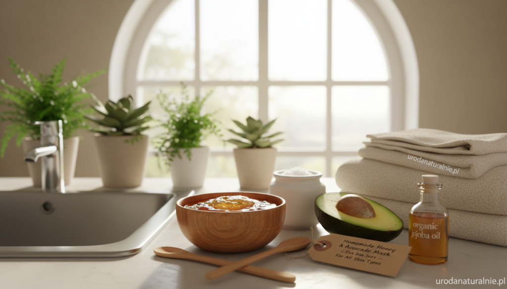 A serene bathroom setting highlighting a natural moisturizing face mask made with honey. In the foreground, a small bowl filled with golden honey sits next to organic ingredients like avocado and coconut oil, with wooden utensils elegantly placed for mixing. The middle features a stainless steel sink adorned with lush green plants and soft, luxurious towels. In the background, a sunlit window casts warm, natural light, creating a calming atmosphere. The overall mood is tranquil and inviting, emphasizing self-care and wellness. This image represents a homemade remedy for various skin types. Include subtle branding for "urodanaturalnie.pl" on an ingredient label or product packaging within the scene.