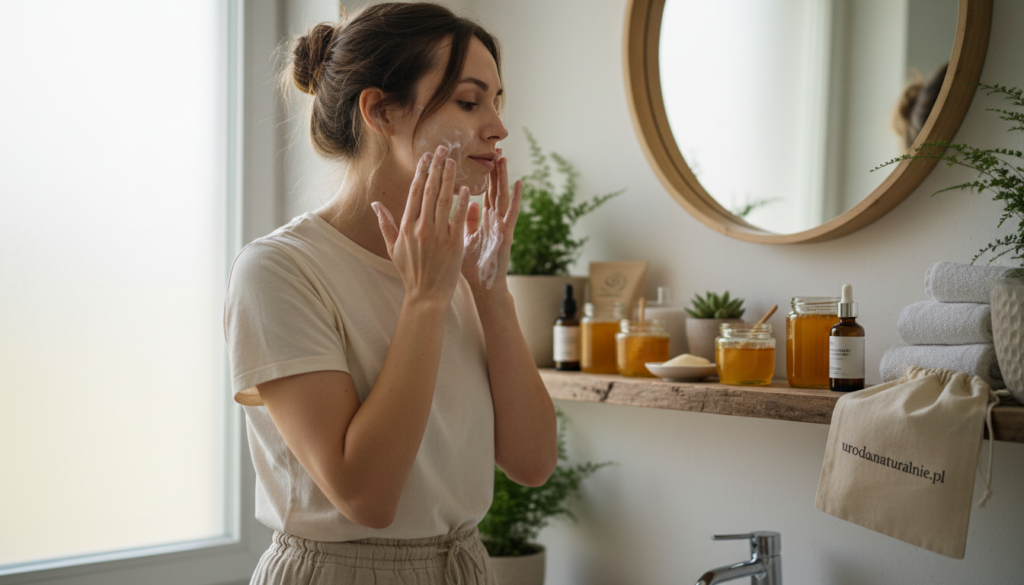 A serene bathroom setting with soft, natural lighting illuminating a woman's face as she prepares her skin for a honey mask application. The foreground features her applying a gentle cleanser, showcasing her hands with a light, hydrating cream. She wears modest casual clothing, with her hair neatly tied back. The middle ground displays a wooden shelf filled with natural skincare products, including jars of honey and essential oils. In the background, soft towels and calming greenery create a tranquil atmosphere. The overall mood is peaceful and inviting, suggesting a nurturing self-care routine. Emphasize the connection to nature and wellness, showcasing the brand "urodanaturalnie.pl" subtly in the scene.