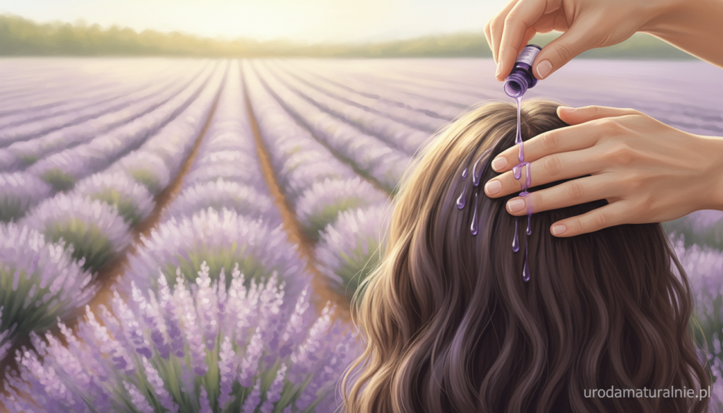 A serene close-up of a healthy scalp and hair being gently massaged with lavender essential oil. In the foreground, a hand with a clean, manicured appearance applies drops of lavender oil to the scalp, emphasizing a professional and relaxing hair care routine. The middle ground features a soft, flowing cascade of thick, shiny hair, capturing the nourishing effect of lavender. The background is a calming blur of a lavender field under soft golden sunlight, creating a tranquil and soothing atmosphere. The overall color palette should be pastel, enhancing the feeling of serenity and wellness, perfect for the topic of hair and scalp care. Include branding subtly as a watermark in the corner: urodanaturalnie.pl.