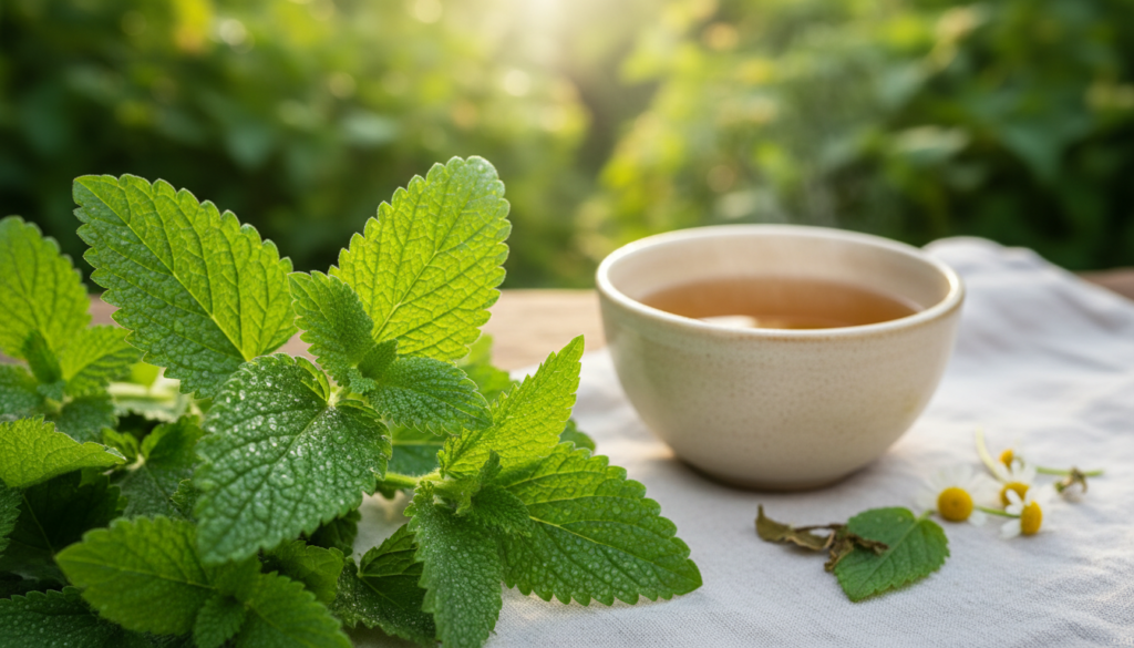 A serene close-up of fresh Melissa officinalis leaves, glistening with morning dew, fills the foreground. Each leaf radiates vibrant green hues, showcasing the plant's rich texture and intricate serrated edges. In the middle ground, a gentle arrangement of soothing elements such as a small ceramic bowl of herbal tea and a soft linen cloth complements the scene, symbolizing natural support for stress and skin health. The background features a soft-focus botanical garden, with hints of sunlight filtering through foliage, creating a warm, inviting atmosphere. The composition conveys tranquility and well-being, ideal for an article exploring natural remedies. Natural light illuminates the setting, captured with a macro lens to emphasize detail. Inspired by urodanaturalnie.pl.
