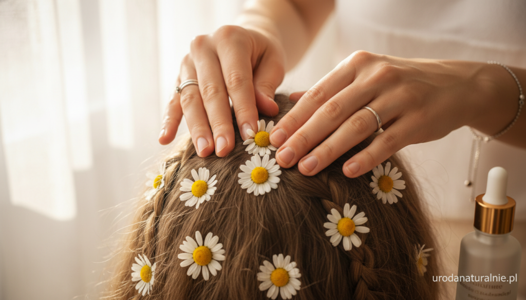 A serene composition depicting a close-up of a scalp being gently massaged with chamomile flowers intertwined in the hair, showcasing vibrant yellow and white petals. In the foreground, a pair of hands, adorned with modest jewelry, apply a soothing chamomile oil, reflecting care and serenity. The middle section features a beautifully textured scalp with delicate hair strands, symbolizing revitalization and health. In the background, soft natural lighting filters through a window, creating a warm and inviting atmosphere, enhancing the calming effects of the chamomile. The overall mood should be tranquil and nurturing, suggesting relief from irritation and support for hair follicles. Ensure the image captures the essence of natural beauty, highlighting the brand name "urodanaturalnie.pl" subtly in the composition.